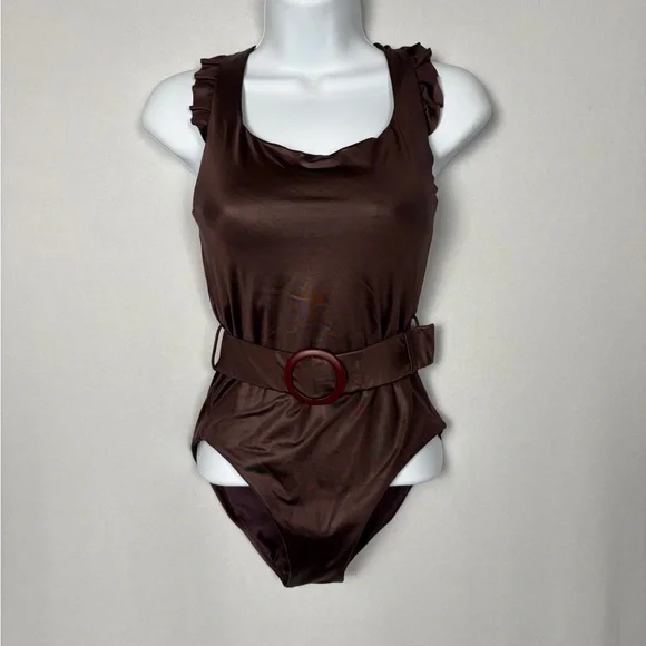 AGUA BENDITO | $255 Nicolette Bronzo 7335 Brown One Piece Swimsuit with Belt M - Picture 4 of 14